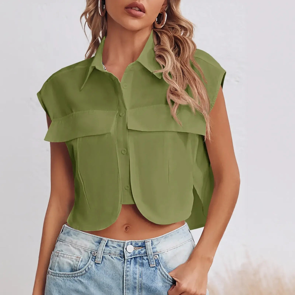 Womens Button Down Shirts Cute Summer Cap Sleeve Crop Tops
