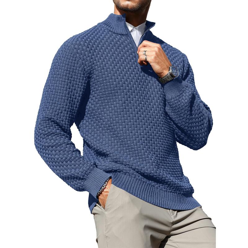 Men's Quarter-Zip Sweater Polo Zip Up Pullover Cable Knit Turtleneck Tops Long Sleeve