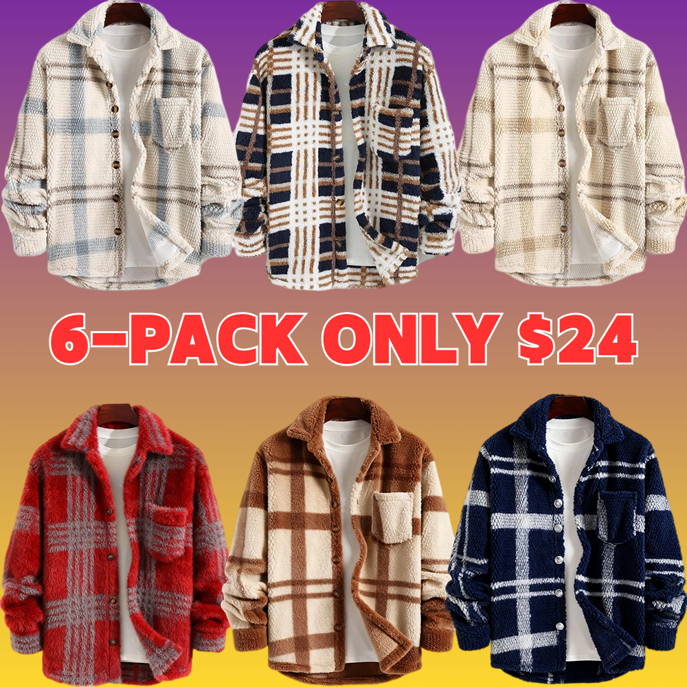 Men's Plaid Print Button Front Fleece Winter Jacket, Casual Comfortable Warmth Regular Fit Long Sleeve Pockets Warm Fleece Material Outerwear for Fall & Winter, Mens Clothing, Men's Clothes for Daily Wear
