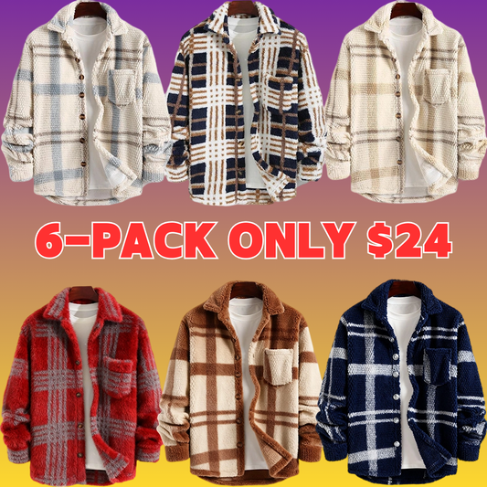 Men's Plaid Print Button Front Fleece Winter Jacket, Casual Comfortable Warmth Regular Fit Long Sleeve Pockets Warm Fleece Material Outerwear for Fall & Winter, Mens Clothing, Men's Clothes for Daily Wear