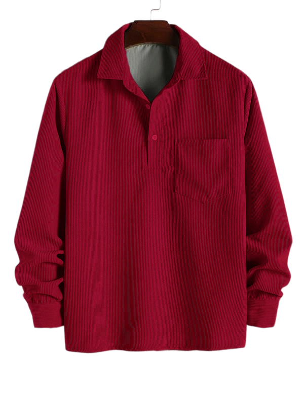 Men's Plain Pocket Half Button Corduroy Shirt, Casual Comfy Regular Fit Long Sleeve Collared Top For Fall & Winter, Men's Clothes For Daily Wear