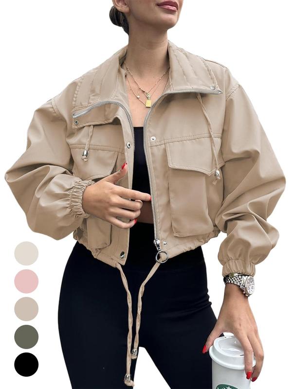Women's Solid Zip Up Drawstring Hem Jacket, Casual Long Sleeve Collared Outerwear