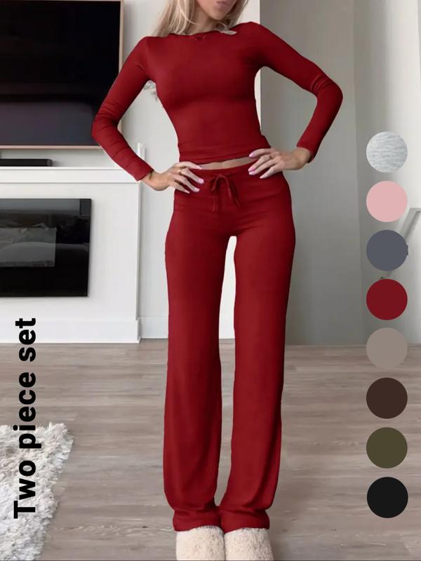 Women's Solid Color Long Sleeve Crop Tee & High-Waisted Drawstring Pants Set, Casual Everyday Slim Fit Outfit for Fall & Winter Seasons