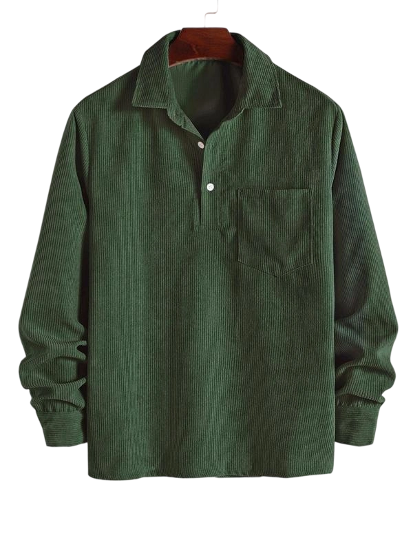 Men's Plain Pocket Half Button Corduroy Shirt, Casual Comfy Regular Fit Long Sleeve Collared Top For Fall & Winter, Men's Clothes For Daily Wear