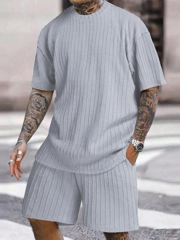 Men's Solid Textured Drop Shoulder Short Sleeve Tee & Drawstring Waist Shorts Set, Spring & Summer Clothes, Back To School Loose Casual Fashion Crew Neck T-shirt & Pocket Shorts for Daily Outdoor Wear, Men Outfits, Fall Outfits