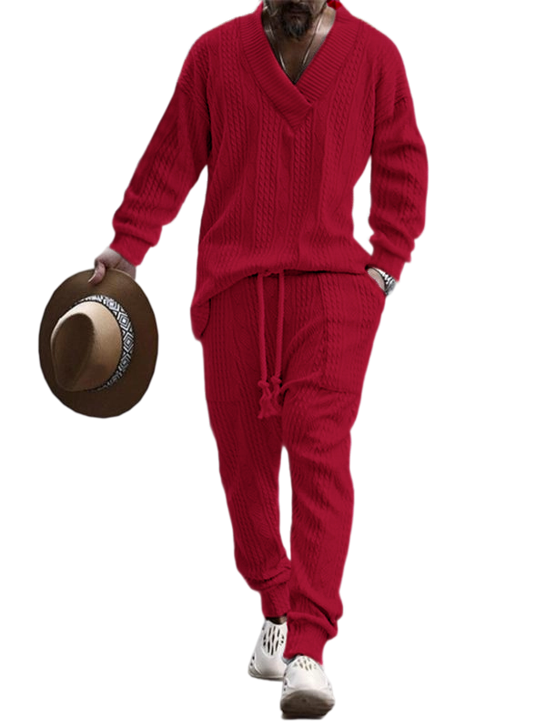Men's Jacquard Drop Shoulder V Neck Top & Drawstring Waist Pants, Casual Fashion Pullover & Pocket Trousers for Daily Wear, Tracksuit Set, Tracksuits, Mens Jogger Sets, Sweat Suits Workout, Men's 2 Piece Set, Menswear, Clothes, Formal Wear, Sweat Set