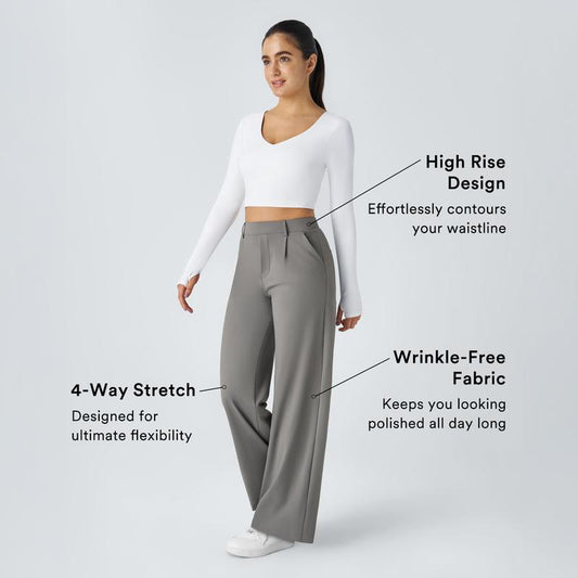 Women‘s Flex High Waisted Plicated Side Pocket Straight Leg Work Pants