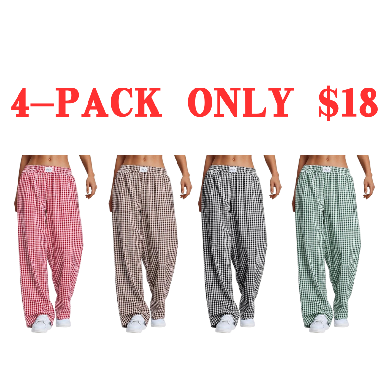 Women's Striped Gingham Boxer Pants Cotton Pajama Lounge Pj Casual Plaid Trousers  Beach Bottoms with Pockets