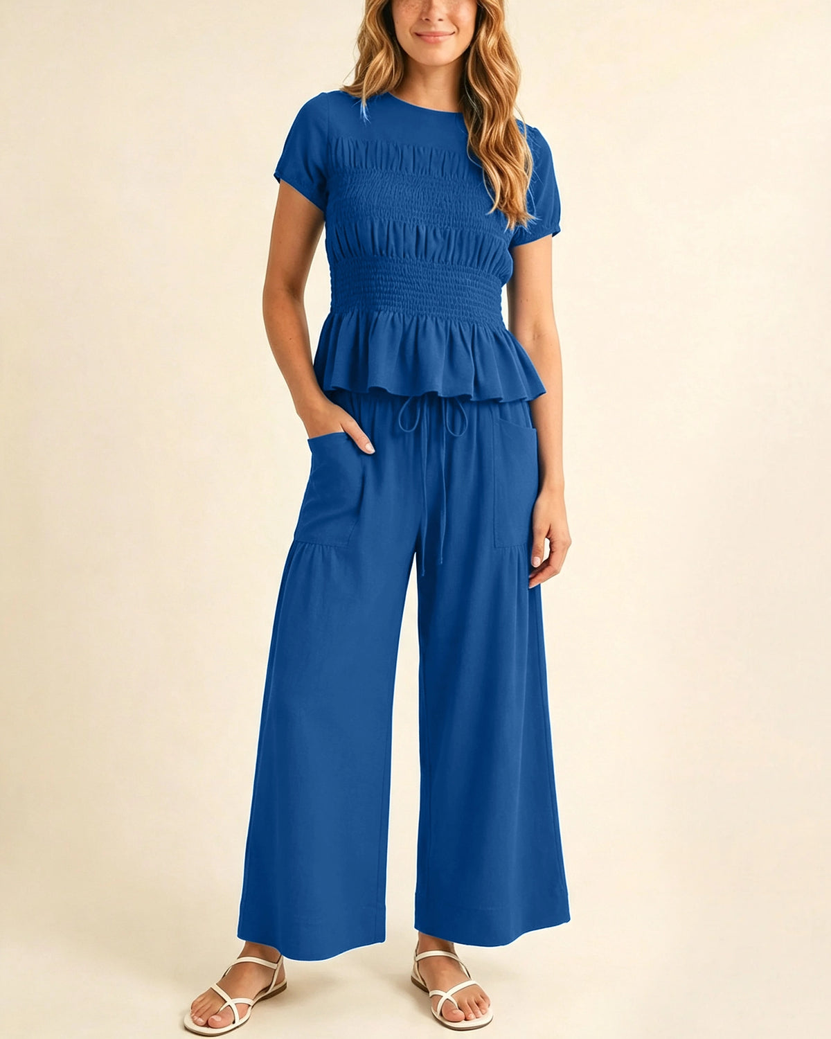Women's 2-Piece Smocked Top and Wide-Leg Pants Set