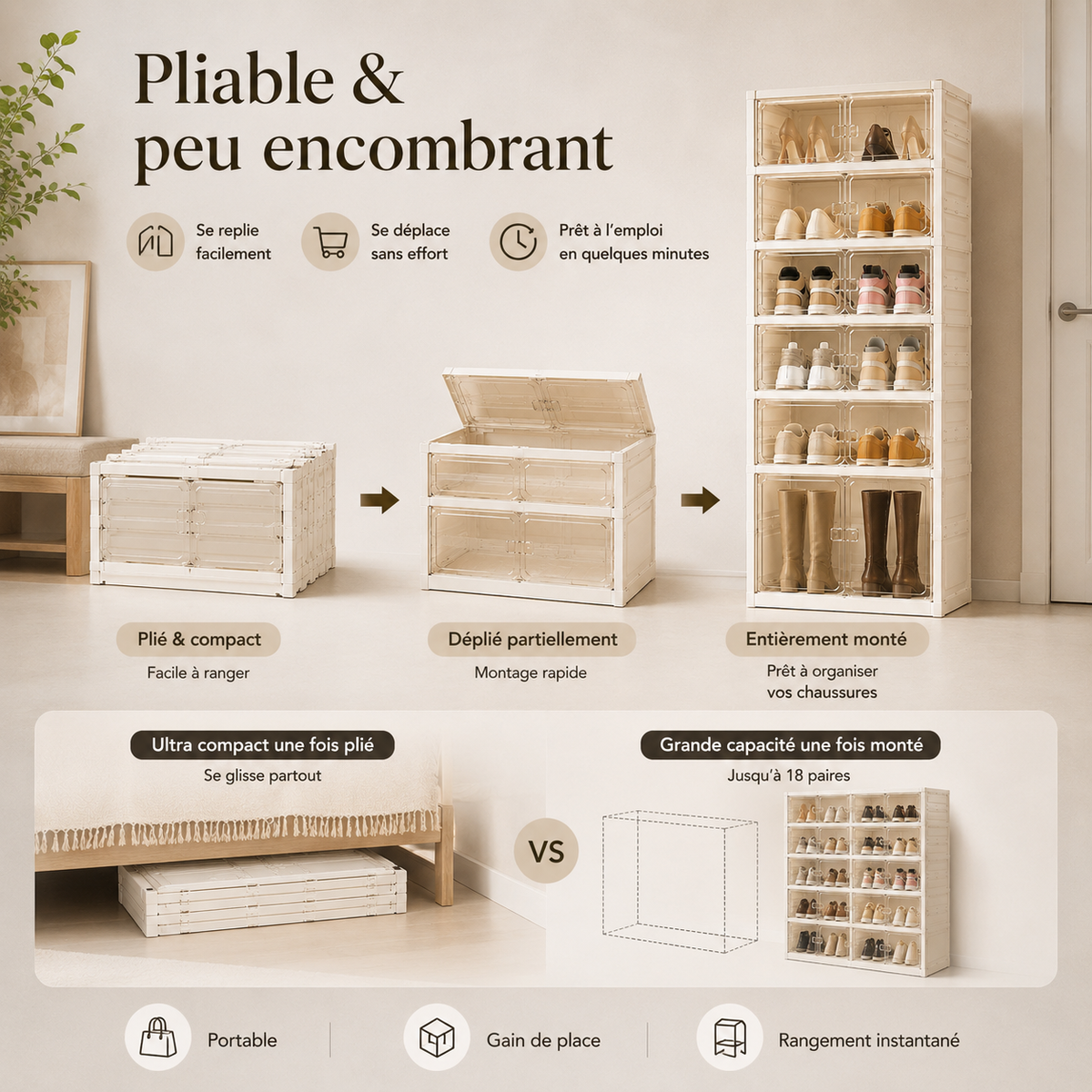 Armoire à Chaussures Pliable avec Portes Transparentes – Grande Capacité