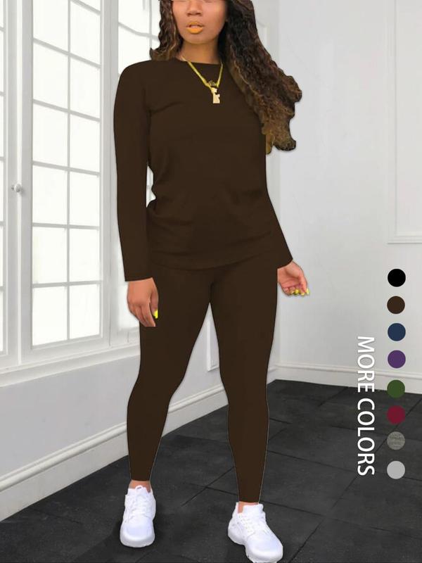 Women's Minimalist Chic Solid Long Sleeve Tee & Elastic Waist Pants Set