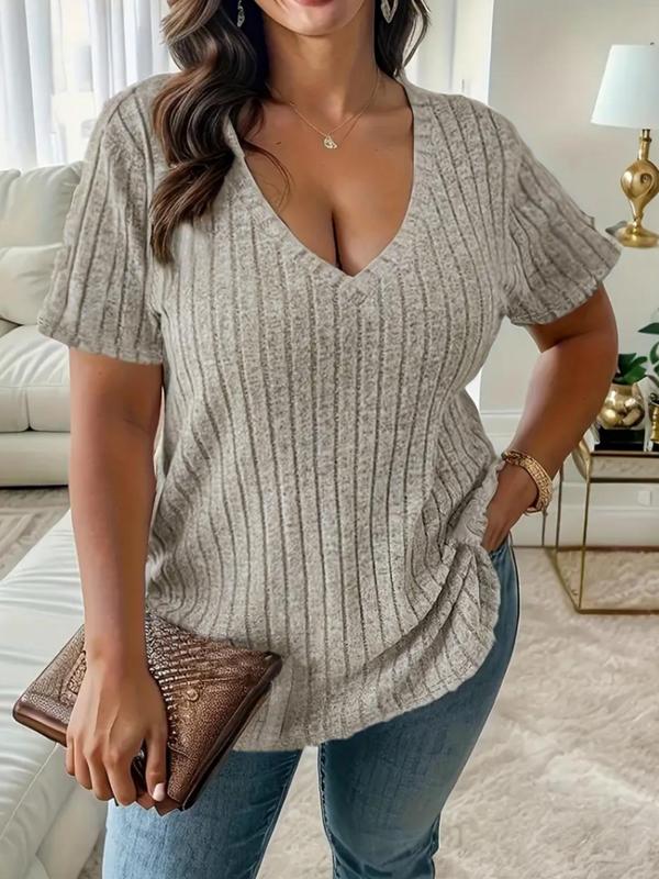 Women Plus Size Summer V-Neck Tee – Casual Short Sleeve Top