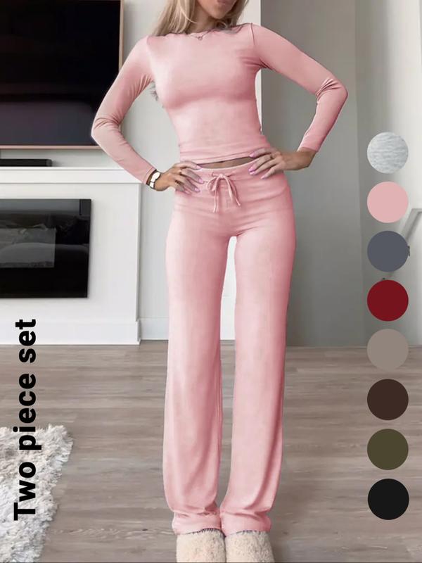 Women's Solid Color Long Sleeve Crop Tee & High-Waisted Drawstring Pants Set, Casual Everyday Slim Fit Outfit for Fall & Winter Seasons