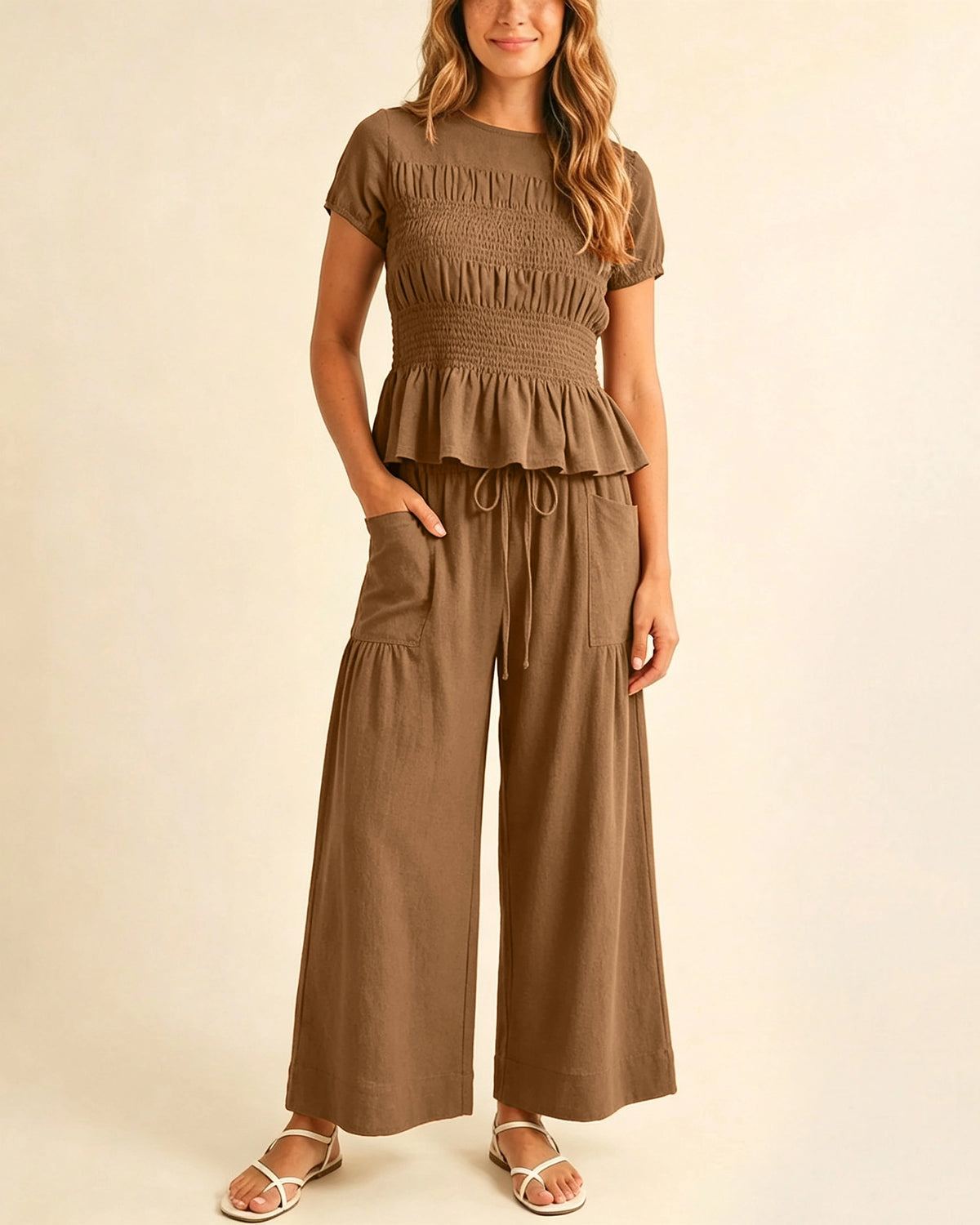 Women's 2-Piece Smocked Top and Wide-Leg Pants Set