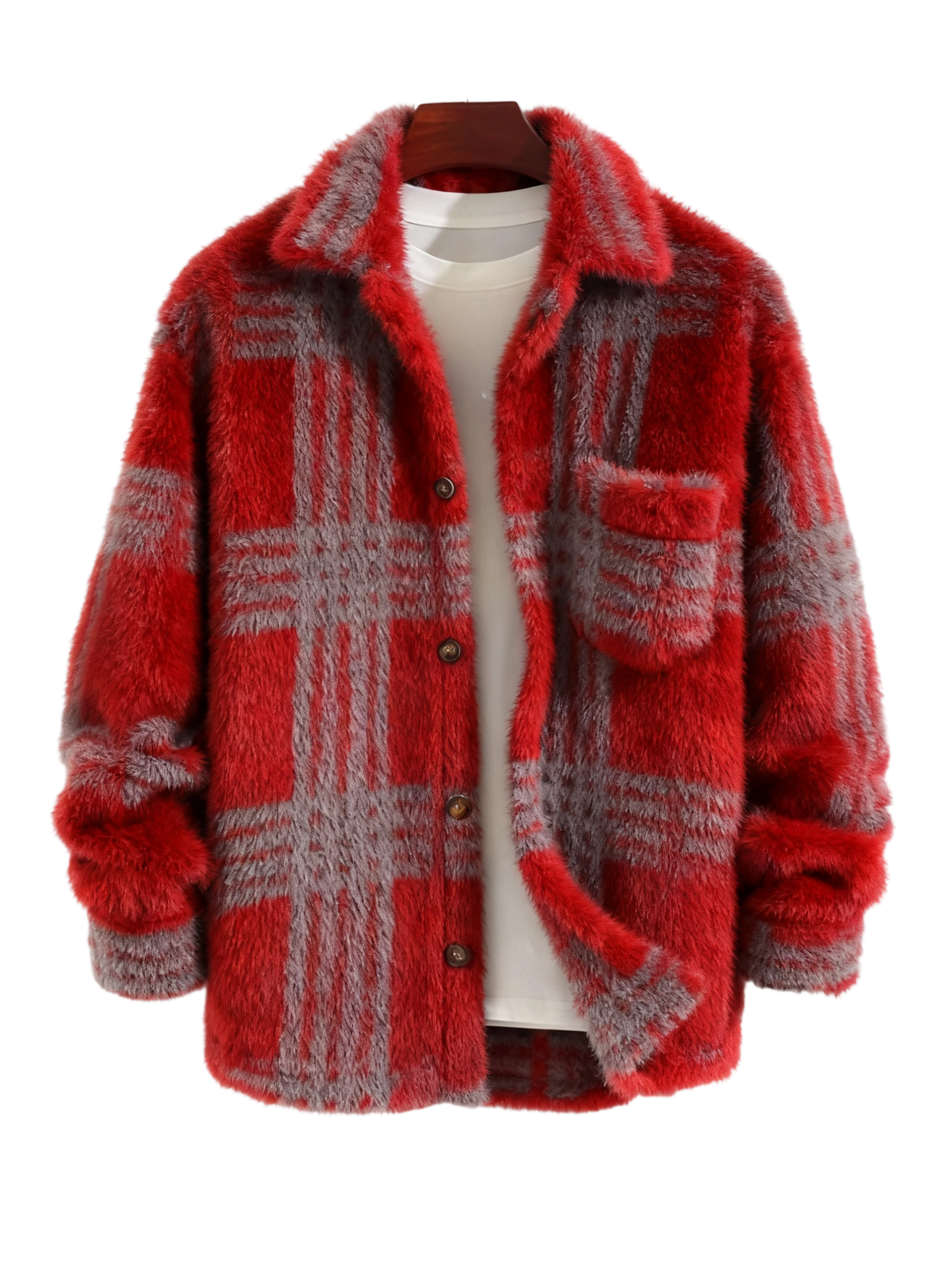 Men's Plaid Print Button Front Fleece Winter Jacket, Casual Comfortable Warmth Regular Fit Long Sleeve Pockets Warm Fleece Material Outerwear for Fall & Winter, Mens Clothing, Men's Clothes for Daily Wear