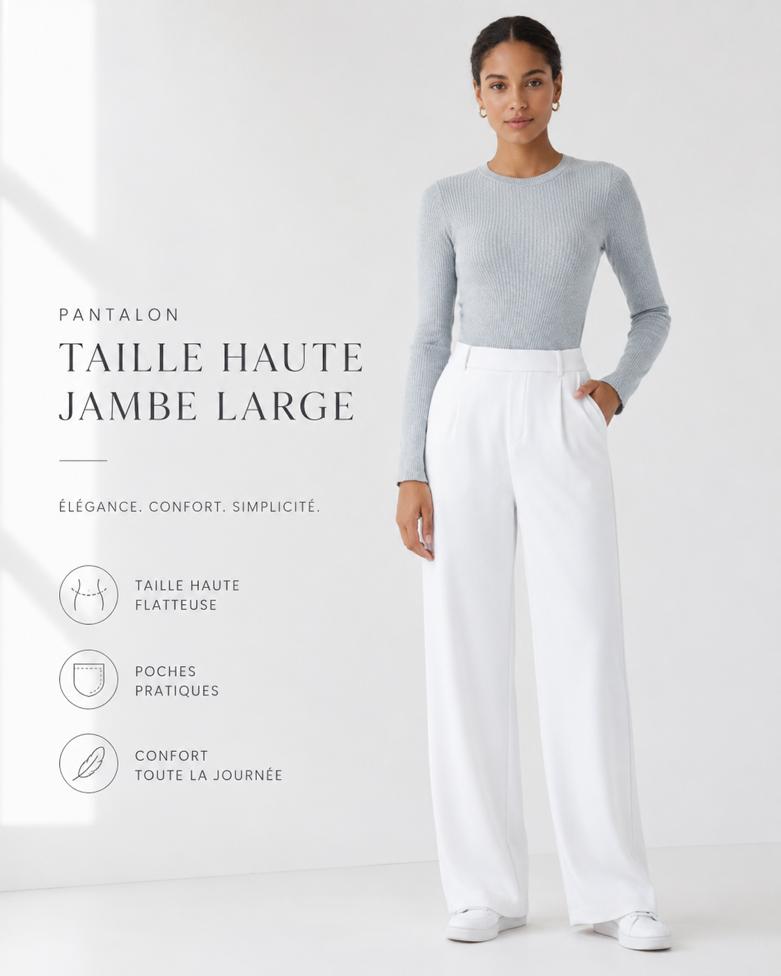 Pantalon Élégant Taille Haute à Jambe Droite avec Poches