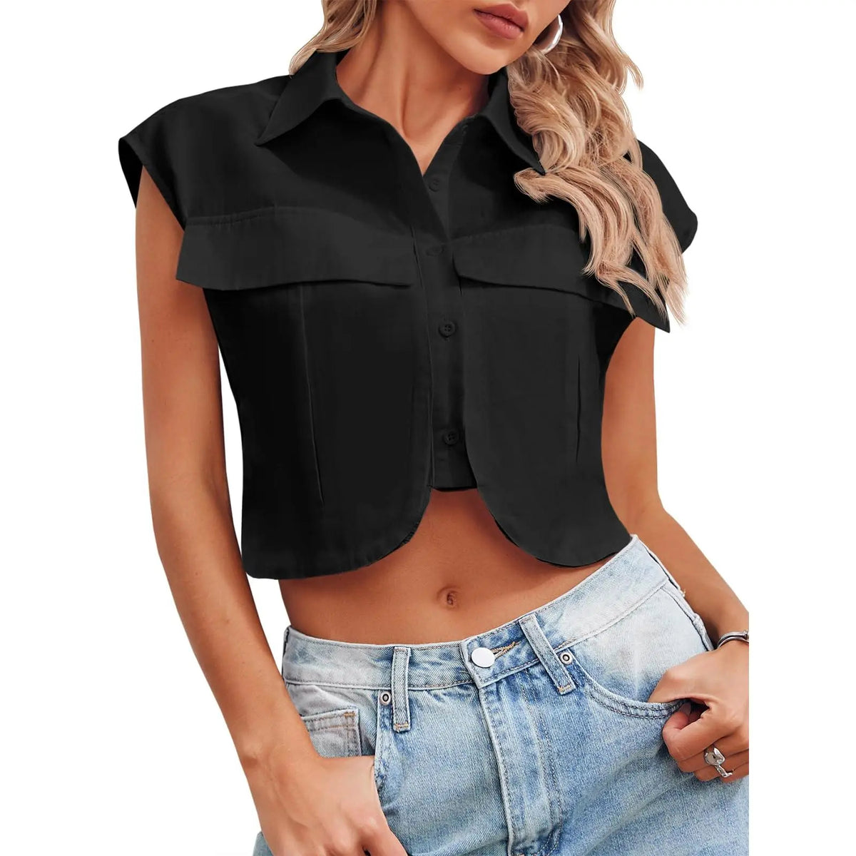 Womens Button Down Shirts Cute Summer Cap Sleeve Crop Tops