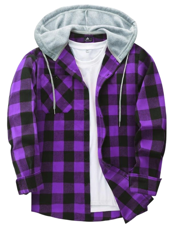 Men's Plaid Print Button Front Drawstring Hooded Shirt, Regular Fit Casual Long Sleeve Pocket Top, Men's Clothes for Daily Wear
