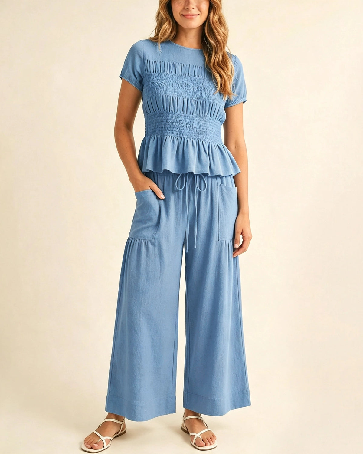Women's 2-Piece Smocked Top and Wide-Leg Pants Set