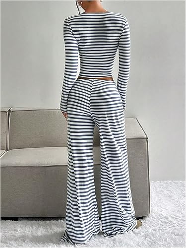 Women's Slouchy Square Neck Stripe Long Sleeve Crop Top & Low-Rise Wide Leg Trousers Co-ord, Minimalist Two Piece Outfits