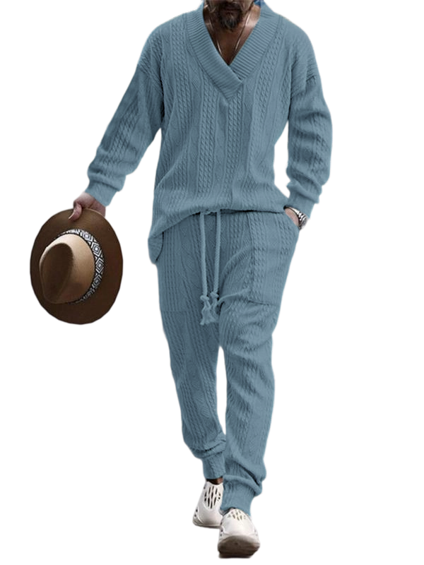 Men's Jacquard Drop Shoulder V Neck Top & Drawstring Waist Pants, Casual Fashion Pullover & Pocket Trousers for Daily Wear, Tracksuit Set, Tracksuits, Mens Jogger Sets, Sweat Suits Workout, Men's 2 Piece Set, Menswear, Clothes, Formal Wear, Sweat Set