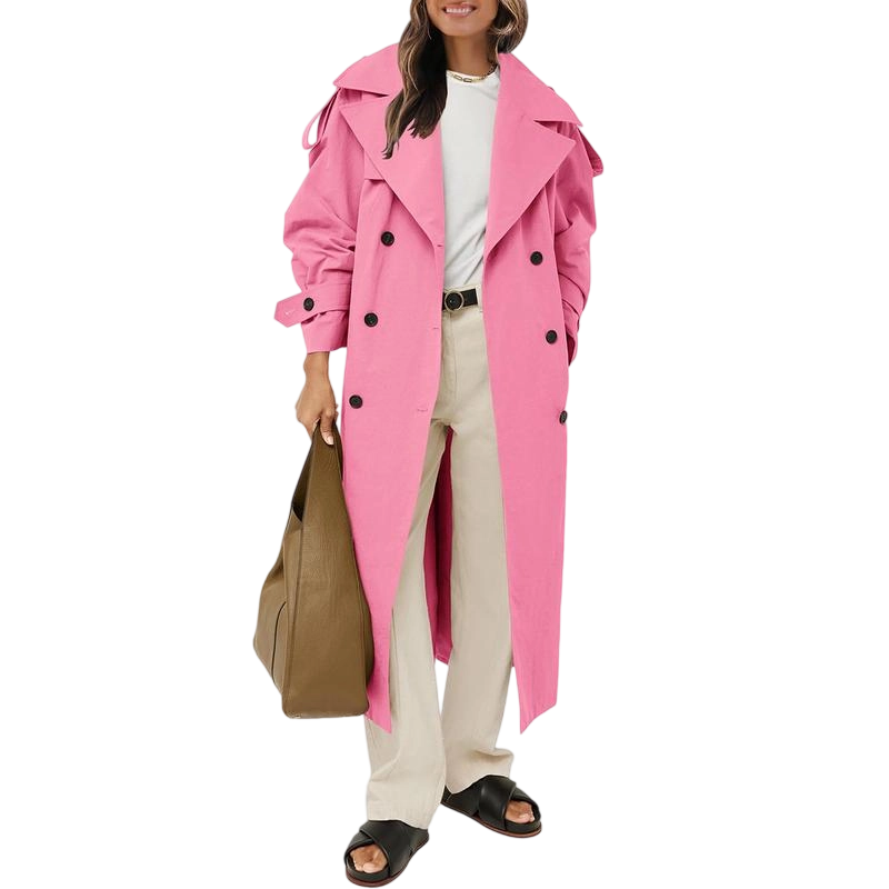 Womens Oversized Long Trench Coat Double Breasted Lapel Windproof Overcoat with Belt