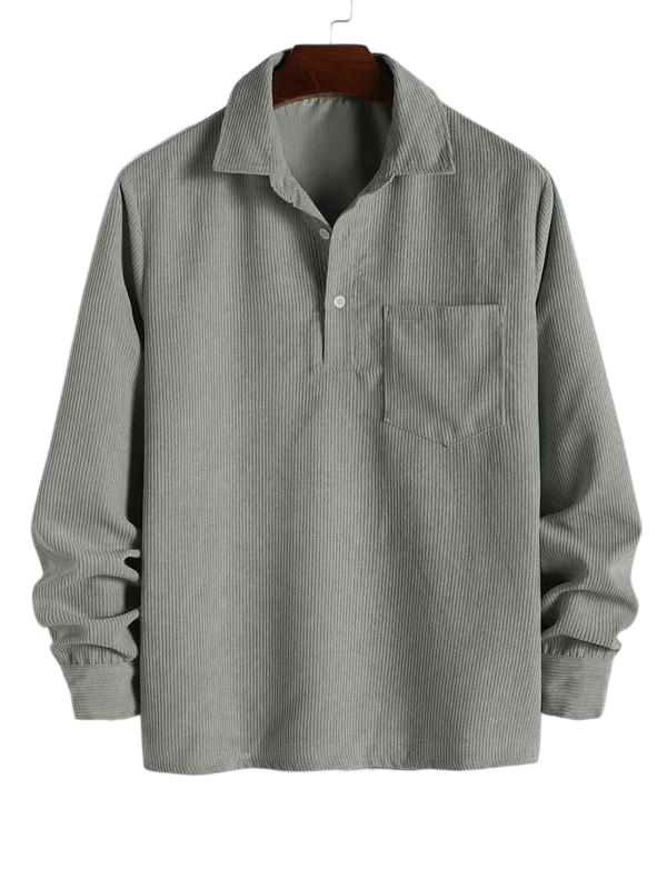 Men's Plain Pocket Half Button Corduroy Shirt, Casual Comfy Regular Fit Long Sleeve Collared Top For Fall & Winter, Men's Clothes For Daily Wear