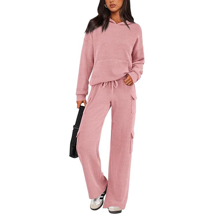 Womens Fall Outfit 2-Piece Knitted Sets Hoodie Tracksuits Wide Leg Pants With Pocket