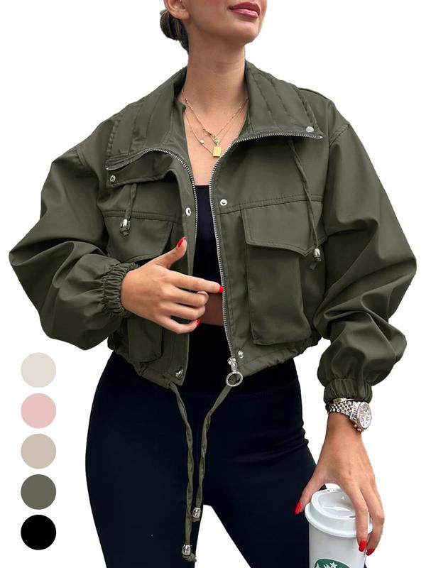 Women's Solid Zip Up Drawstring Hem Jacket, Casual Long Sleeve Collared Outerwear