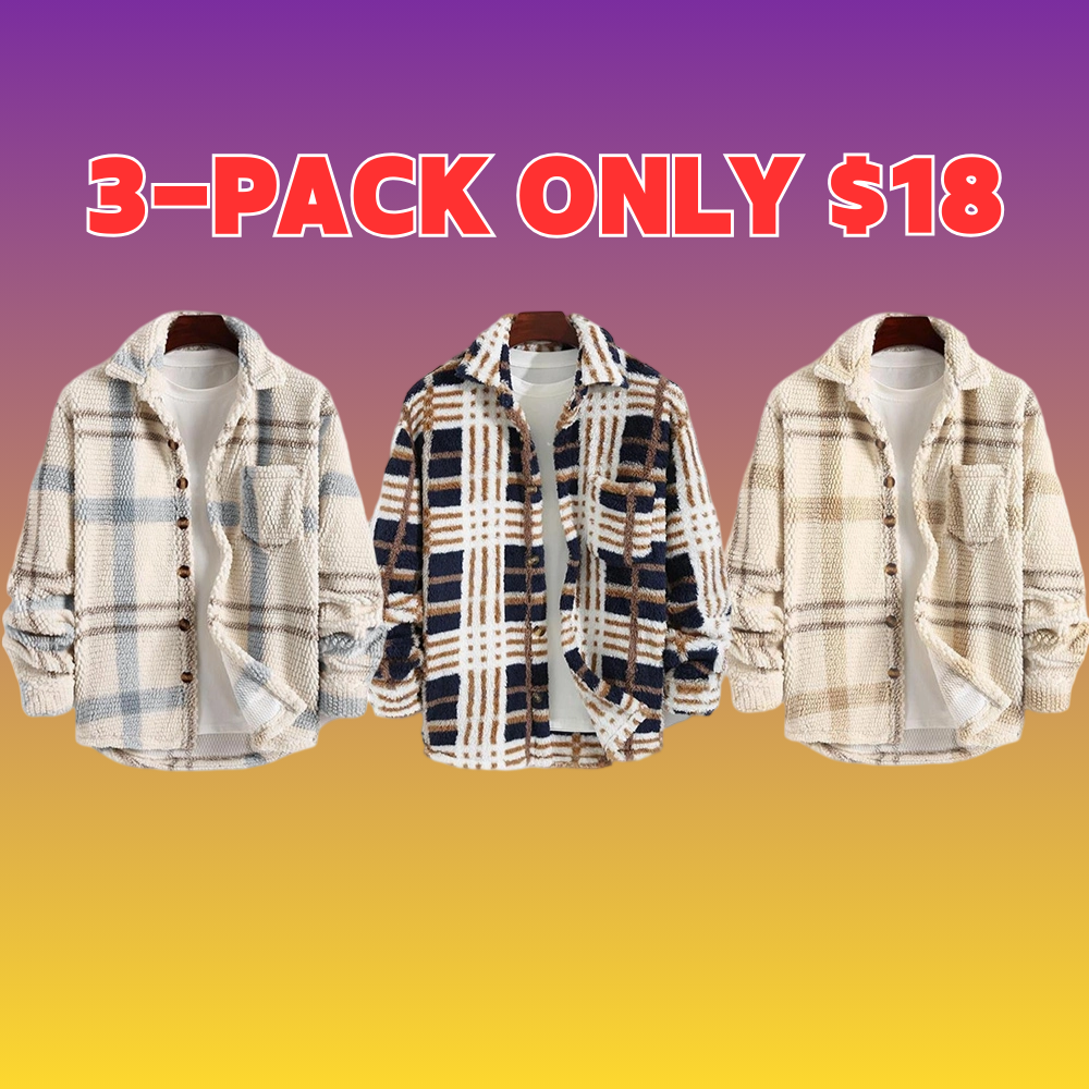 Men's Plaid Print Button Front Fleece Winter Jacket, Casual Comfortable Warmth Regular Fit Long Sleeve Pockets Warm Fleece Material Outerwear for Fall & Winter, Mens Clothing, Men's Clothes for Daily Wear