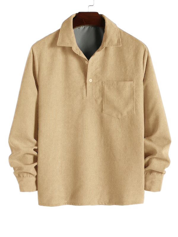 Men's Plain Pocket Half Button Corduroy Shirt, Casual Comfy Regular Fit Long Sleeve Collared Top For Fall & Winter, Men's Clothes For Daily Wear