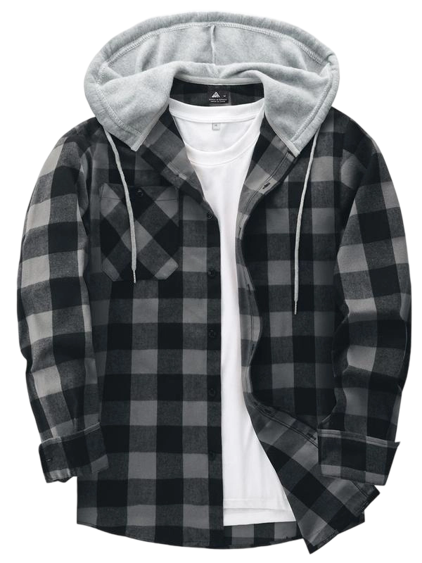 Men's Plaid Print Button Front Drawstring Hooded Shirt, Regular Fit Casual Long Sleeve Pocket Top, Men's Clothes for Daily Wear