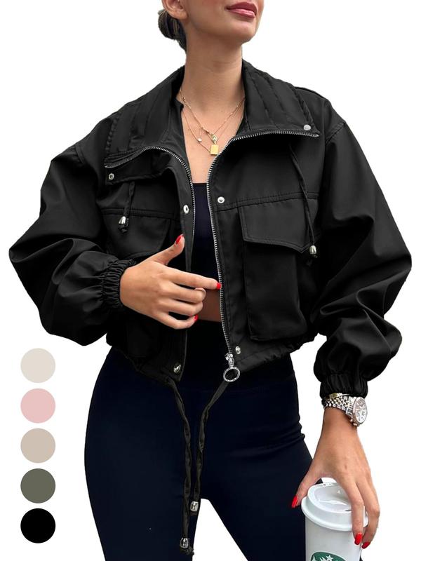Women's Solid Zip Up Drawstring Hem Jacket, Casual Long Sleeve Collared Outerwear