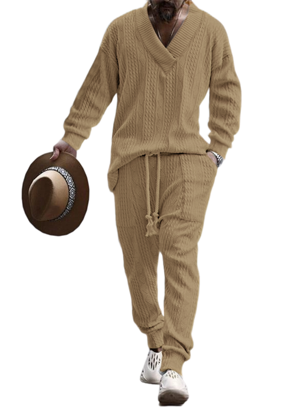 Men's Jacquard Drop Shoulder V Neck Top & Drawstring Waist Pants, Casual Fashion Pullover & Pocket Trousers for Daily Wear, Tracksuit Set, Tracksuits, Mens Jogger Sets, Sweat Suits Workout, Men's 2 Piece Set, Menswear, Clothes, Formal Wear, Sweat Set