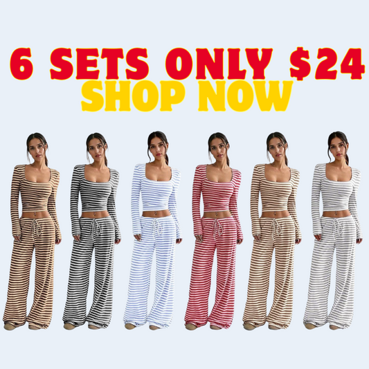 Women's Slouchy Square Neck Stripe Long Sleeve Crop Top & Low-Rise Wide Leg Trousers Co-ord, Minimalist Two Piece Outfits