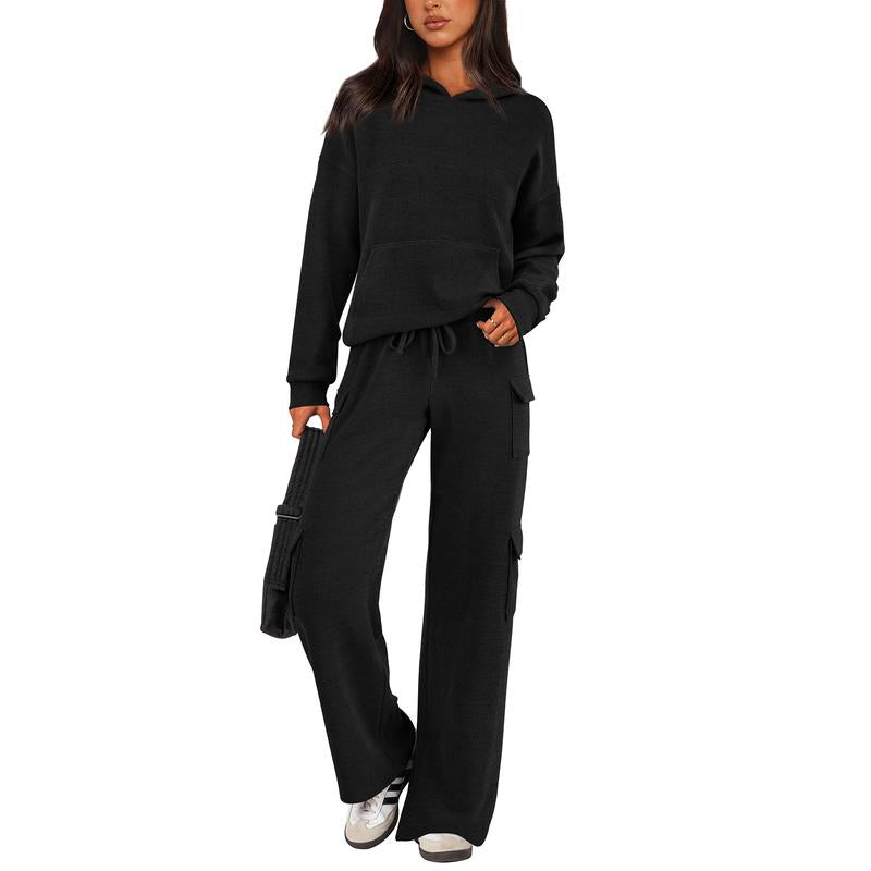 Womens Fall Outfit 2-Piece Knitted Sets Hoodie Tracksuits Wide Leg Pants With Pocket