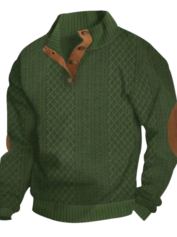 Men's Colorblock Patchwork Jacquard Button Front Sweatshirt, Regular Fit Casual Long Sleeve Stand Collar Sweatshirt for Fall & Winter, Fashion Men's Knitwear for Daily Wear