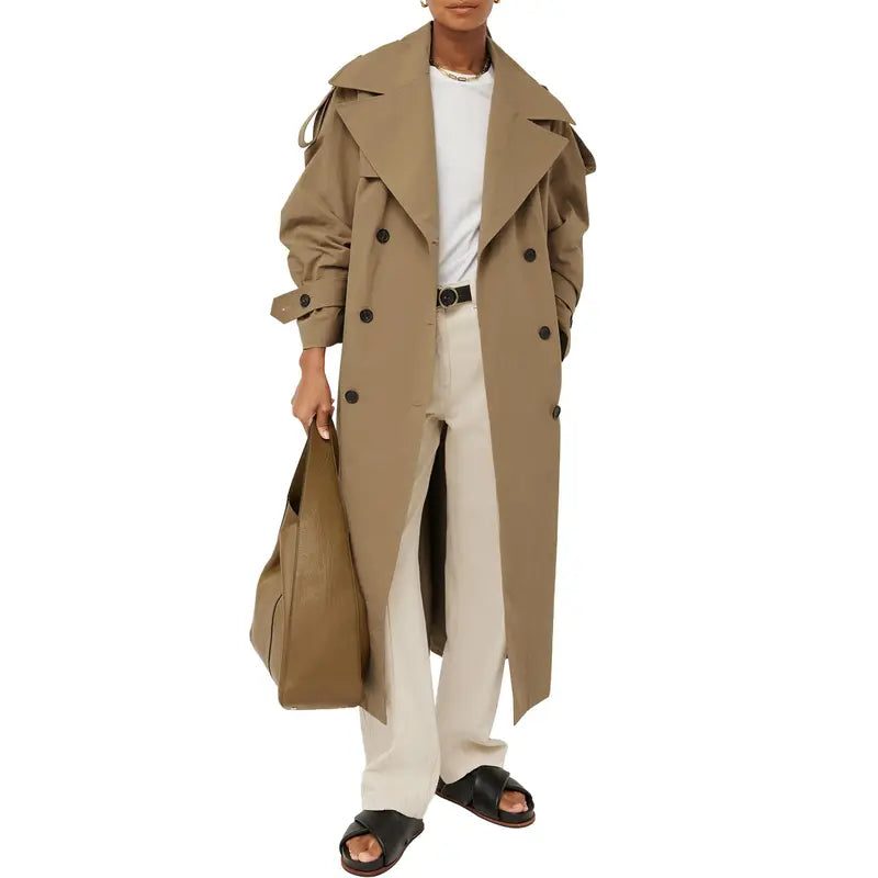 Womens Oversized Long Trench Coat Double Breasted Lapel Windproof Overcoat with Belt