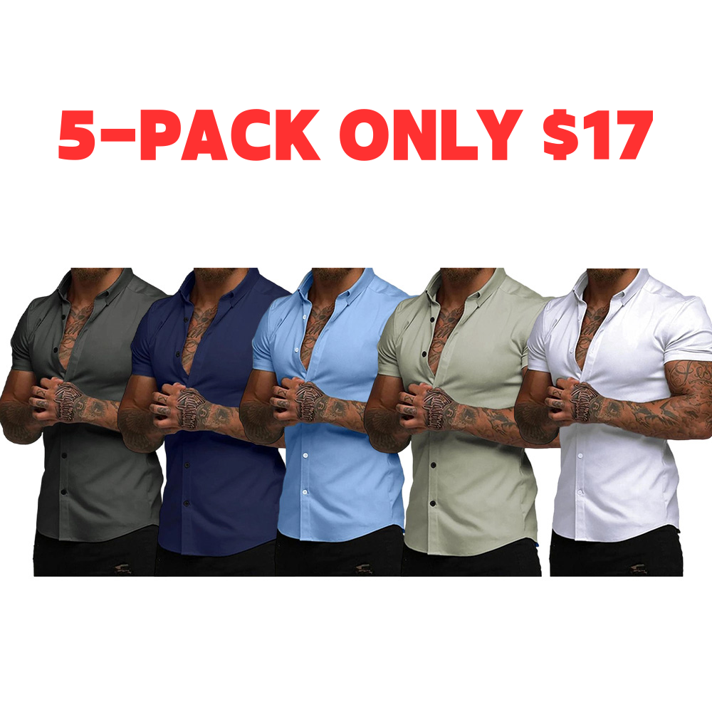 Men's Muscle Fit Dress Shirts Casual Button Down Shirt Short Sleeve Wrinkle-Free Shirts