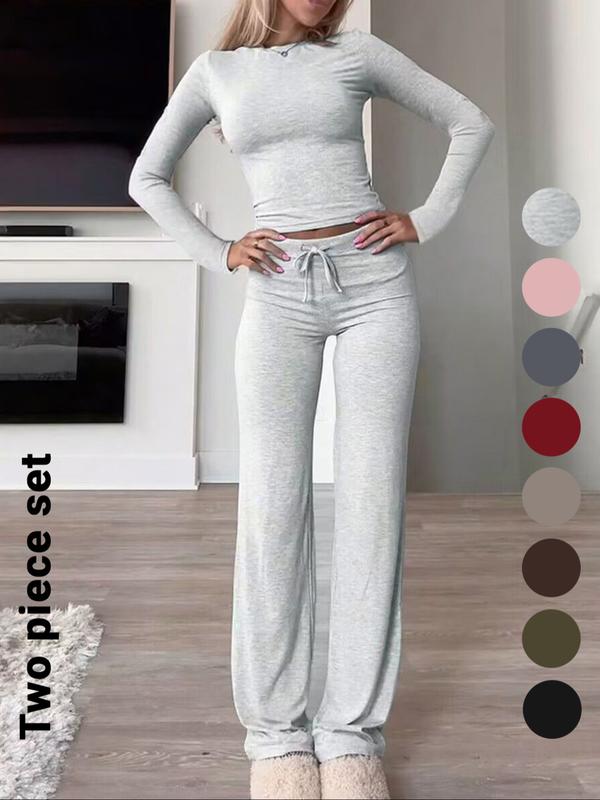 Women's Solid Color Long Sleeve Crop Tee & High-Waisted Drawstring Pants Set, Casual Everyday Slim Fit Outfit for Fall & Winter Seasons