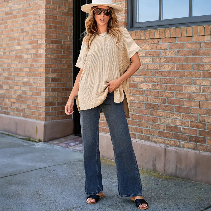 🔥Hot Sale💥 - Women's Round Neck Batwing Short Sleeve Loose Knit Top