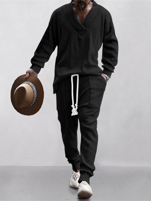 Men's Jacquard Drop Shoulder V Neck Top & Drawstring Waist Pants, Casual Fashion Pullover & Pocket Trousers for Daily Wear, Tracksuit Set, Tracksuits, Mens Jogger Sets, Sweat Suits Workout, Men's 2 Piece Set, Menswear, Clothes, Formal Wear, Sweat Set