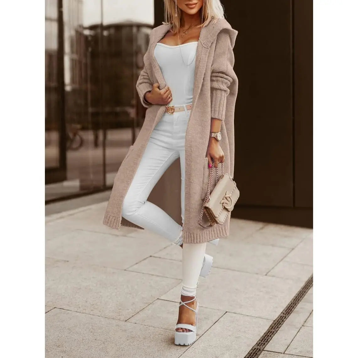 Women's Long Cardigans Cable Knitted Open Front Oversized Hooded Outerwear Sweater Coat