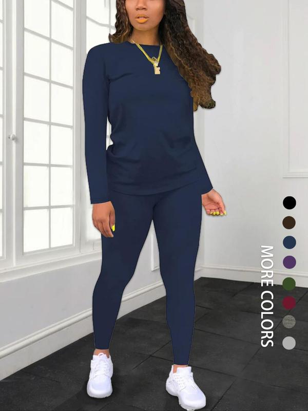 Women's Minimalist Chic Solid Long Sleeve Tee & Elastic Waist Pants Set