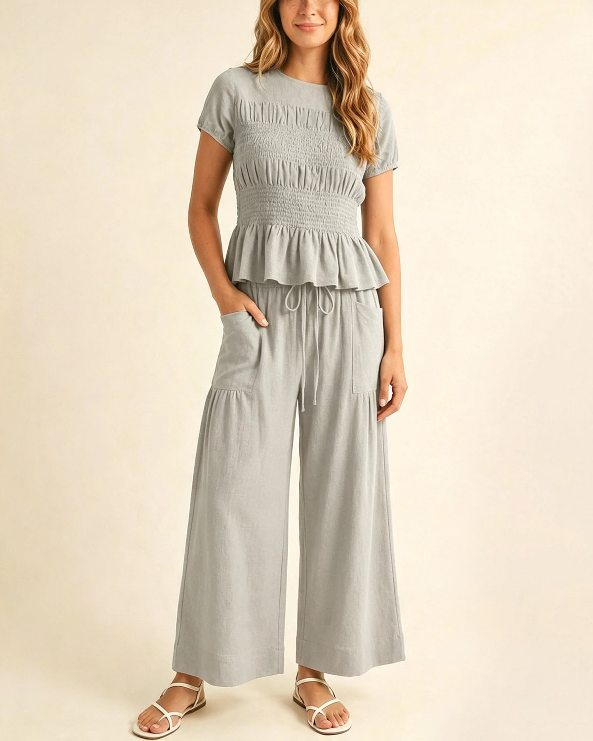 Women's 2-Piece Smocked Top and Wide-Leg Pants Set
