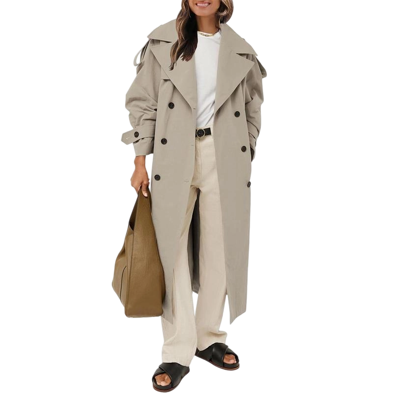 Womens Oversized Long Trench Coat Double Breasted Lapel Windproof Overcoat with Belt