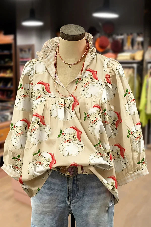 Christmas Santa Print Ruffle V-Neck Blouse
