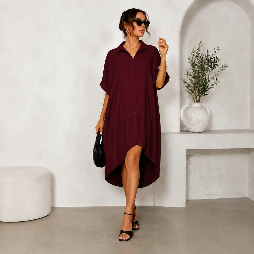 Women Turn-Down Collar Button Up Shirt Dress