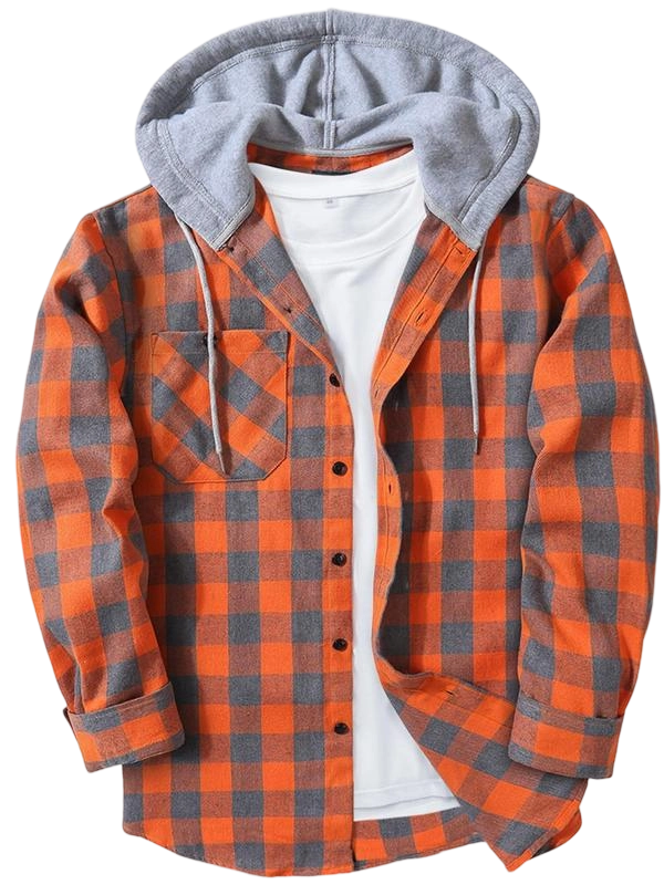Men's Plaid Print Button Front Drawstring Hooded Shirt, Regular Fit Casual Long Sleeve Pocket Top, Men's Clothes for Daily Wear