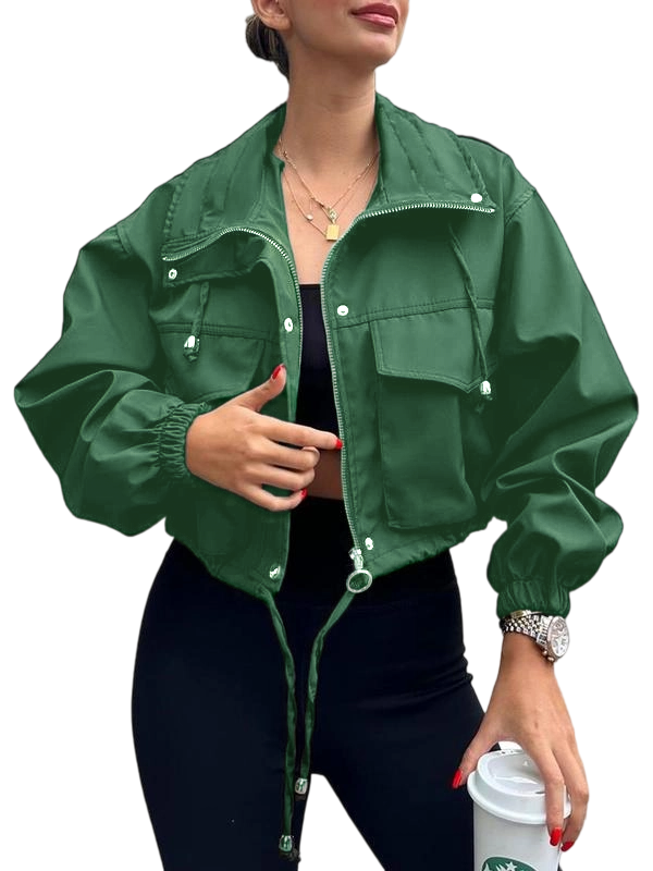Women's Solid Zip Up Drawstring Hem Jacket, Casual Long Sleeve Collared Outerwear